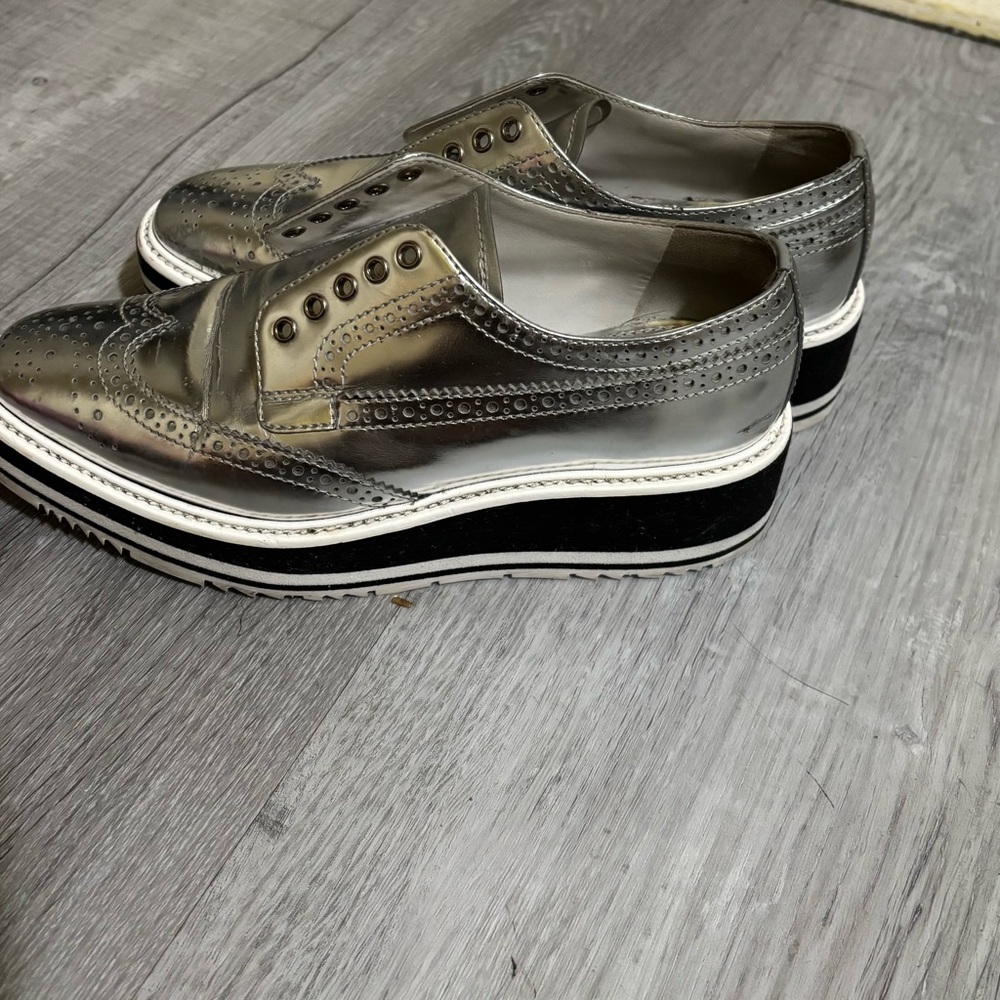 Prada Silver Sneakers with Platform Sole and Brogue Detailing
